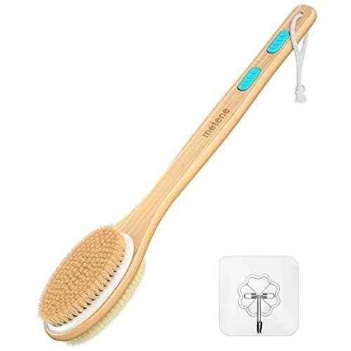 Metene Shower Brush with Soft and Stiff Bristles, Bath Dual-Sided Long Handle Back Scrubber Body Exfoliator for Wet or Dry Brushing