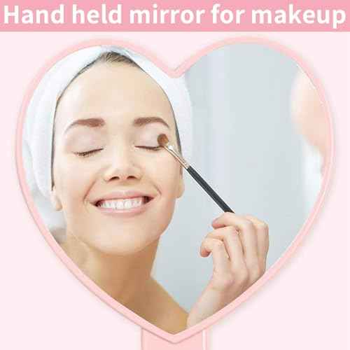 TBWHL Heart-Shaped Travel Handheld Mirror, Cosmetic Hand Mirror with Handle, Cute Hand held Mirror for Shaving Single-Sided Portable Travel Vanity Mirror for Men & Women (Pink, 1Pack)