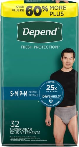 Depend Fresh Protection Adult Incontinence Underwear for Men (Formerly Depend Fit-Flex), Disposable, Maximum, Small/Medium, Grey, 32 Count, Packaging May Vary (Pack of 2)