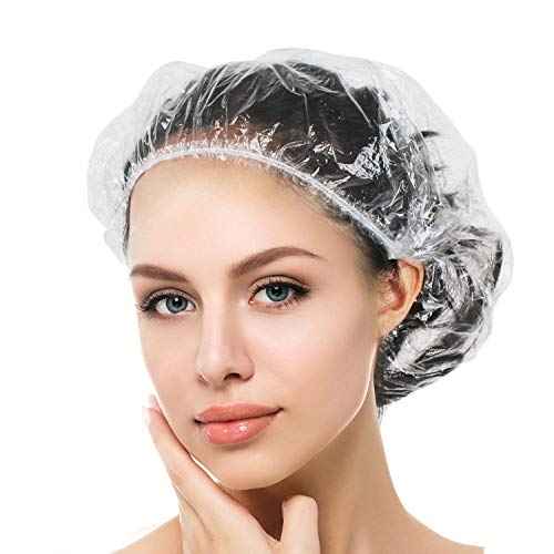 Auban 50 PCS Shower Cap Disposable,Bath Caps Larger Thick Clear Waterproof Plastic Elastic Hair Bath Caps For Women Hotel Travel Essentials Accessories Deep Conditioning Hair Care(19.3")