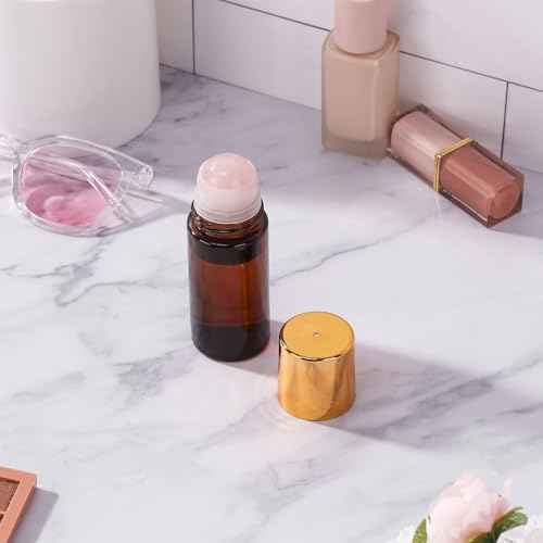 2 pack 1.7oz Large Amber Glass Roll on Bottles Rose Quartz Roller Ball Applicator for Essential Oils Perfume Refillable Empty Deodorant Containers with Pink Crystal Rollerball