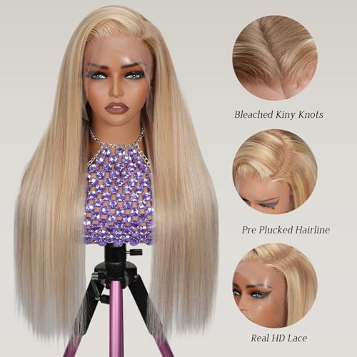 Ombre Balayage Ash Blonde Wig Human Hair,13x6 HD Glueless Lace Front Wigs Pre Plucked Virgin Hair 180% Density Light Brown to Platinum Blonde Highlights Silky Straight Baby Hair with Baby Hair