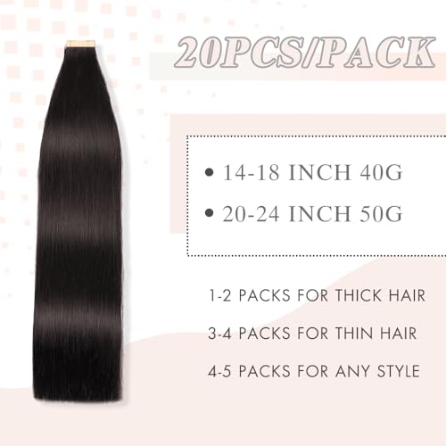 Human Hair Tape in Extensions Jet Black 20pcs Seamless Skin Weft Tape in Hair Extensions 24 Inch Straight Double Sided Remy Invisible Tape in Hair Extensions Human Hair (1#,24 Inch)