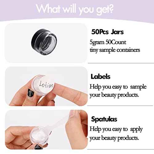 5 Gram Sample Containers with Lids, 50 Count 5ML Sample Jars, Empty Cosmetic Containers with Lids, Small Makeup Travel Containers for Glitter, Lotion, Cream, Beads, with Labels, Mini Spatulas