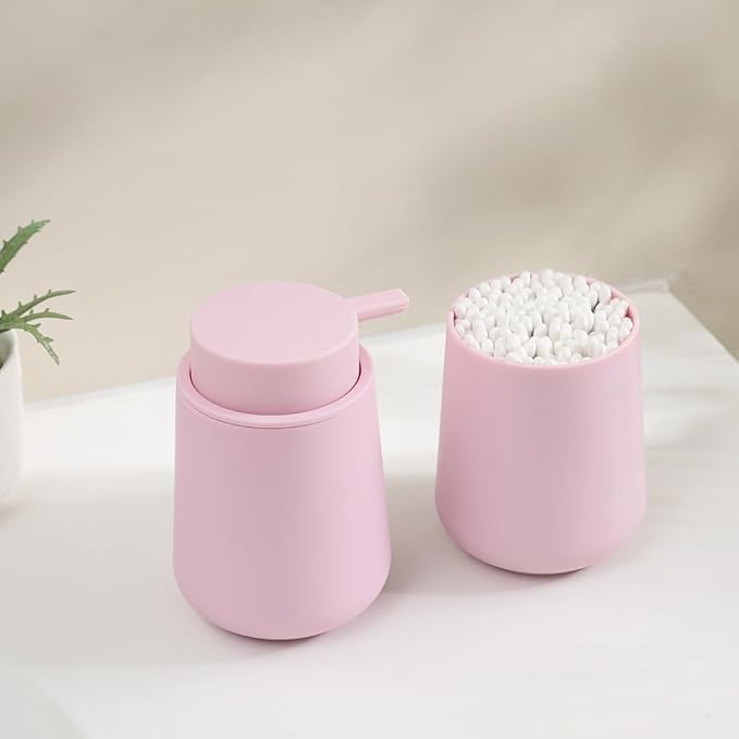 Matte Pink Bathroom Accessories 2 Piece Set Plastic Soap Dispenser and Toothbrush Holder for Modern Bathroom Decor
