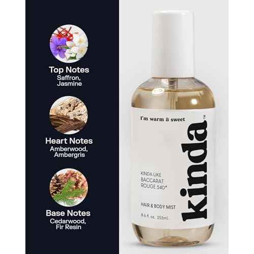 PB ParfumsBelcam KINDA I¡¯m Warm & Sweet Hair & Body Mist ? Our Version of Baccarat Rouge 540 ? Woody Gourmand Floral Scent with Jasmine, Saffron, Cedarwood & Amber, Long-Lasting Mist, 8.6 fl.oz