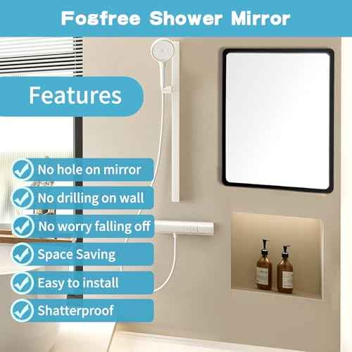 Fog Free Shower Mirror (9 * 7 inch) 3M Adhesive Anti-Fog Bathroom Wall Mirror, Fogless Shower Makeup Mirror for Shaving, Shatterproof Glassless Child Safe Mirror (Rectangular Black Frame)