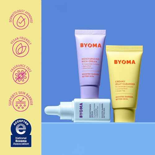 BYOMA So Bright Set - Barrier Repair Skincare Set for Brighter Skin - Creamy Jelly Cleanser, Brightening Face Serum & Ceramide Face Moisturizer - Alcohol Free Skin Care - 30ml, 15ml, 15ml