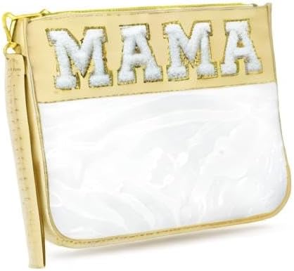 Chenille Letter Clear Travel Zipper Pouch Nylon Makeup Bag, Preppy Makeup Bag Clear Cosmetic Toiletry Bag, Water-proof Makeup Travel Pouch Snack Bags for Women (Beige-MAMA)