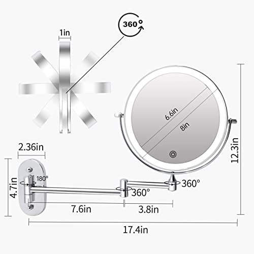 Rechargeable Wall Mounted Lighted Makeup Vanity Mirror 8 Inch Double Sided 1X 10X Magnifying Bathroom Mirror, 3 Color Lighting, Touch Screen Dimming, Extended Arm 360 Rotation Shaving Light up Mirror