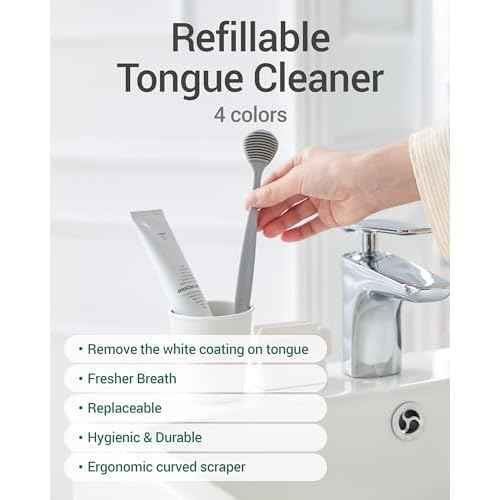 DEARCUS Korean Tongue Scraper with 3 Replaceable Heads - 100% BPA Free TPE Tongue Cleaner - Reduce Bad Breath & Without Hurt - Hygienic Scraper - Modern & Simple Design (White)