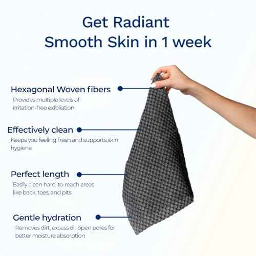 Exfoliating Washcloth Face & Body Scrub Towel - Japanese Exfoliating Towel with Hexagon Fibers, Body Scrubber with 2 Sides for Scrubbing & Washing, Extra Long Body Towel (Black)