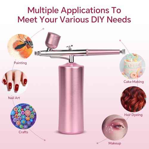 Airbrush Kit with Compressor Rechargeable Cordless 0.3mm Nozzle Airbrush Portable Adjustable Handheld Airbrush Set for Nail Art, Makeup, Painting, Cake Decorating, Pink