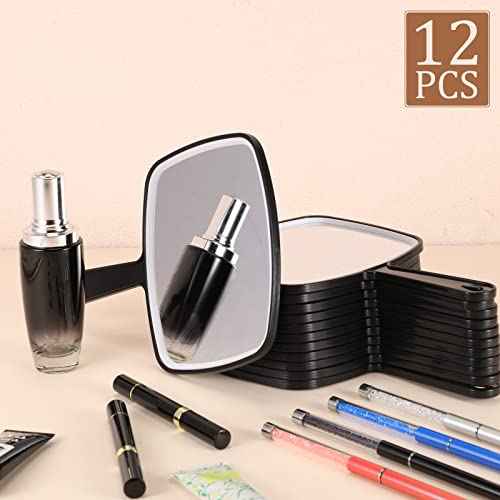 Geetery 12 Pcs Hand Held Mirrors with Handles Hand Makeup Mirrors Bulk Wall Mount for Women Cosmetic Bathroom Home Barber Salon Travel Portable Beauty School Gift, 6.69 x 9.45 Inch (Black)