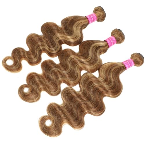 Honey Blonde Brown Highlight Body Wave Human Hair Weave 3 Bundles Brazilian Remy Hair Ombre Blonde Human Hair Wavy Weaves Sew in Piano Color P4/27
