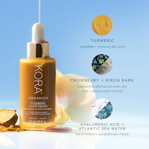 KORA Organics Turmeric Glow Drops, Certified Organic Radiance Face Serum with Niacinamide Alternative, Improves Texture & Pore Appearance, Vegan, 1.01 fl oz