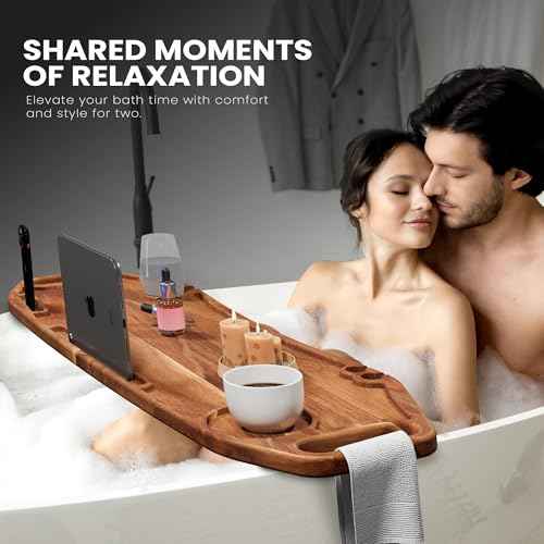 Lush & Style Premium Bathtub Tray Large & Thick 35¡± x 10``, Acacia Wood Luxury, Waterproof, Non-Toxic, Adjustable Legs, No Tools Required,Caddy Tray, Luxury Bath Accessories