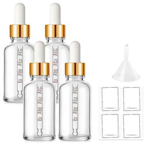 Bumobum 1 oz Dropper Bottle, Clear Glass Dropper Bottle with Measured Dropper & Golden Cap, Empty Eye Tincture Bottles with Funnel & Labels for Essential Oils Serums Tavel Liquids, 4 Pack