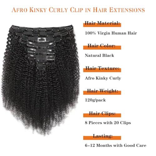 Afro Kinky Curly Clip in Hair Extensions Human Hair 4C Hair Clip in Extensions 8pcs 120g/set 10A Brazilian Virgin Natural Hair Clip Ins for Black Women Natural Black Color 24 Inch