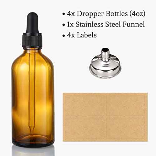 AOZITA 4 Pack, 4 oz Dropper Bottles with 1 Funnel & 4 Labels - Essential Oils Bottles for Health, Personal Care & Beauty - 120ml Thick Dark Amber Glass Tincture Bottles with Eye Droppers, Leakproof