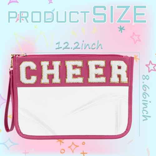 Cheer Chenille Letter Bags Clear Makeup Bag, Cheerleader Gifts Cosmetic Bag, Varsity Preppy Patch Flat Pouch Cheer Accessories, Waterproof PVC Organizer Toiletry Bag for Women Girls