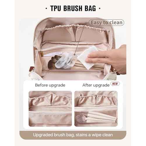 EACHY Travel Makeup Bag, Large Capacity Cosmetic Bags for Women, Waterproof Portable Pouch Open Flat Toiletry Bag Pattern Make up Bag (F-Beige)