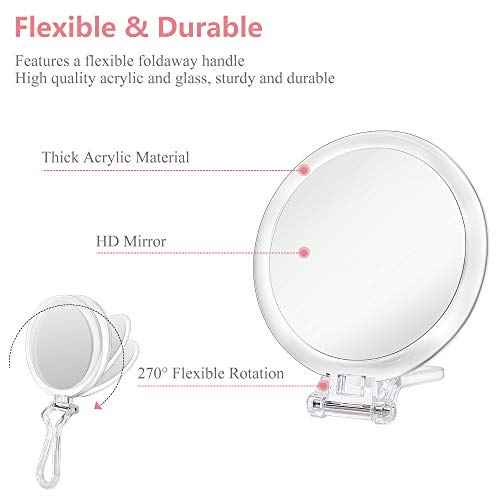 Double Sided Hand Held Mirror - 1X & 7X Magnifying Handheld Makeup Mirror with Adjustable Folding Handle, Portable, Transparent & Round (6")