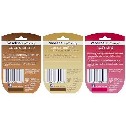 Vaseline Lip Therapy Variety 3-Pack ? Cr?me Br?l?e, Rosy Lips, Cocoa Butter Mini Lip Balms for Soft, Glowing, and Deliciously Kissable Lips, 0.25 Oz Ea