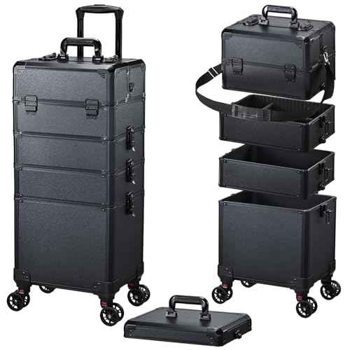 FRENESSA Rolling Makeup Case Makeup Train Case with Lid 5 in 1 Cosmetology Case on Wheels Large Makeup Organizers Salon Cart Barber Trolley Nail Teach Makeup Artist Trunk Cart Black