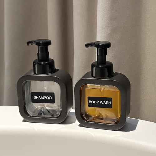 Foaming Soap Dispenser, 300ml (10oz) Plastic Refillable Foaming Hand Soap Dispenser with 8 Pcs Waterproof Labels, Foam Pump Bottle for Bathroom and Kitchen (Black)