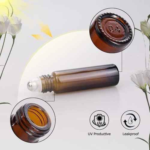 sungwoo 12 Pack Essential Oil Roller Bottles Stainless Steel, 10ml Amber Glass Roller Bottles with Caps for Travel, Perfume and Lip Gloss