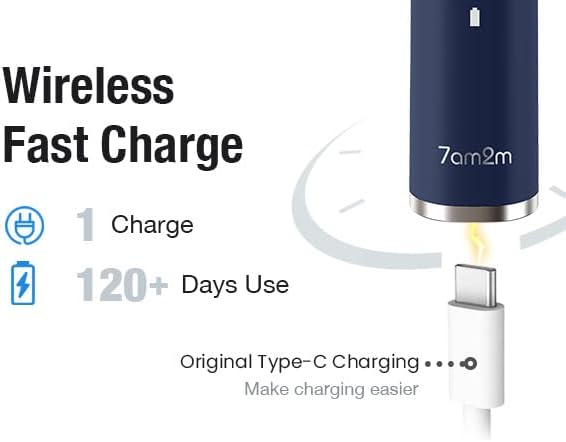 7AM2M Ultrasonic Electric Toothbrush with 6 Brush Heads for Adults&Kids, Type C Charging, One Charge for 120 Days, 5 Modes&40000VPM Powered Toothbrush, 6 Minutes Built in Smart Timer (Navy Blue)
