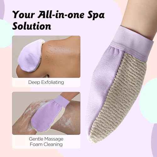 LOTTA Dual-Sided Exfoliating Gloves - Natural Viscose & Sisal for Deep Body Scrub & Massage - Gentle for Sensitive Skin - Replaces Loofah (Purple-Medium)