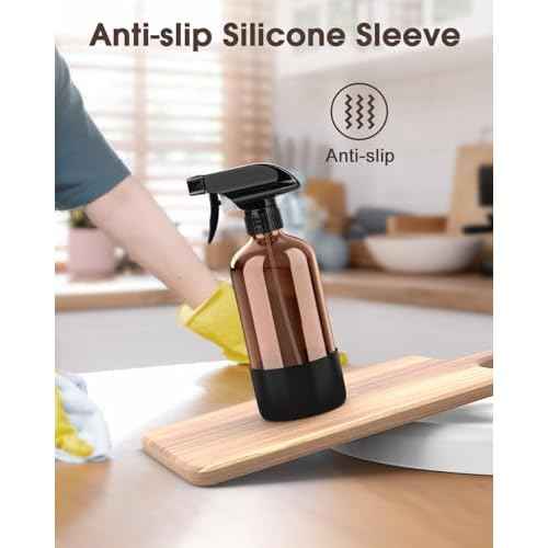 Glass Spray Bottle with Silicone Sleeve Protection, Amber Glass Spray Bottle Set for Window Cleaner Aromatherapy Facial Hydration Watering Flowers Hair Care 2 Pack/16 oz (Black & Brown)