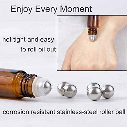 6Pcs 10ml Essential Oil Roller Bottles, with Stainless Steel Roller Balls, 10ml Amber Glass Roll on Bottles for Essential Oils, 1 Extra Roller Ball, 6 Labels, 1 Openers, 2 Droppers Included