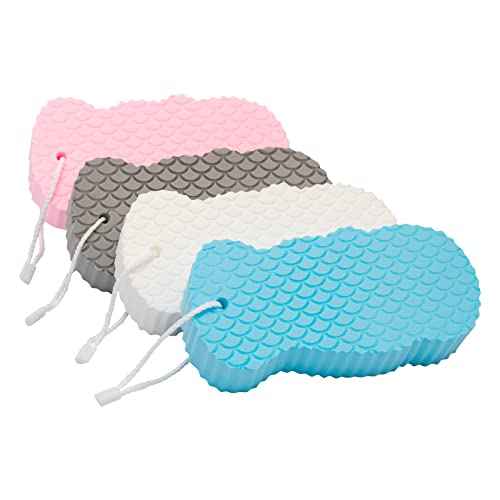 Exfoliating Sponges (4 pcs) - Super Soft exfoliating Bath Shower Sponge - Removes Dead Skin and Impurities from Body - Great for Adults and Children - Pink & Blue & White & Gray
