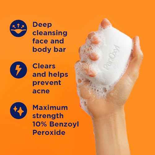 PanOxyl Acne Treatment Bar with 10% Benzoyl Peroxide, Maximum Strength Acne Bar for Face, Chest, and Back, Soap-Free Body Wash, Treats Acne Pimples, Whiteheads, Blackheads, pH Balanced, Vegan, 4 oz