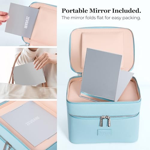 ZEVGANI Travel Makeup Bag Vanity Case with Mirror, Large Toiletry Bag Portable Leather Makeup Bag Organizer with Dual Compartments Removable Dividers for Skincare & Brushes, Blue