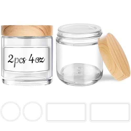 Small Glass Jars with Lids, 4 oz Glass Jars with Plastic Woodgrain Lids & Inner Liners, Reusable Travel Cosmetic Containers for Creams, Makeup, Lotion, Spice- 2 pack