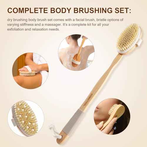 Dry Brushing Set - Natural Boar Bristle Body & Face Brush, Wooden Long Handle Scrub Brush for Cellulite & Lymphatic Drainage, Detachable, 3 Brush Heads
