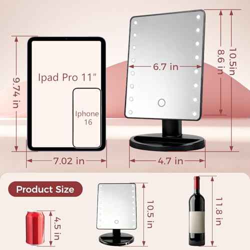KOOKIN Lighted Vanity Makeup Mirror Led Lights 180 Degree Rotation Lighted Mirror Touch Screen Adjusted Brightness Desk Mirrors USB Dual Supply Bathroom Beauty Cosmetic Mirrors (Black)
