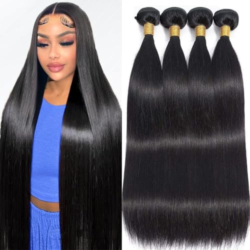 Human Hair Bundles,Straight 4 Bundles 12 14 16 18 Inch,16A Bundles Human Hair,100% Unprocessed Virgin Brazilian Hair Extensions Double Weft, Quick Weave Sew In Hair Bundle