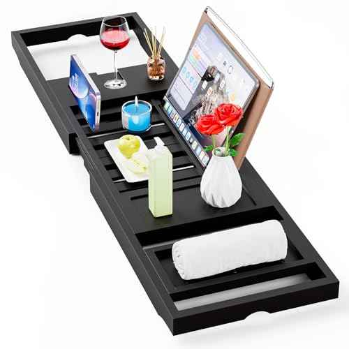 Yirilan Foldable Bathtub Caddy, Expandable Bath Tray, Unique House Warming Gifts, New Home, Anniversary and Wedding Gifts for Couple, Black-New