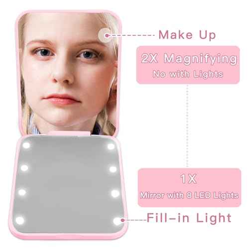 Preppy Stuff Pearl Initial Travel Compact Mirror with Lights, Personalized 1X/2X Magnification Mini LED Pocket Makeup Mirror for Purse Trendy Gift Stocking Stuffers for Women Teen Girls (A)