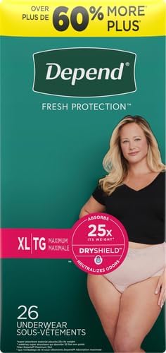 Depend Fresh Protection Adult Incontinence Underwear for Women (Formerly Depend Fit-Flex), Disposable, Maximum, Extra-Large, Blush, 26 Count, Packaging May Vary (Pack of 2)