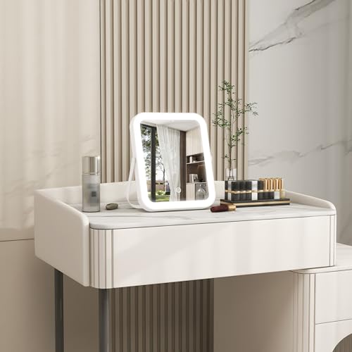 8x10 Inch Lighted Vanity Mirror, 3-Color Dimmable LED Lighting & Touch Control, Portable Makeup Mirror with U-Bracket for Travel/Dressing Room (White)