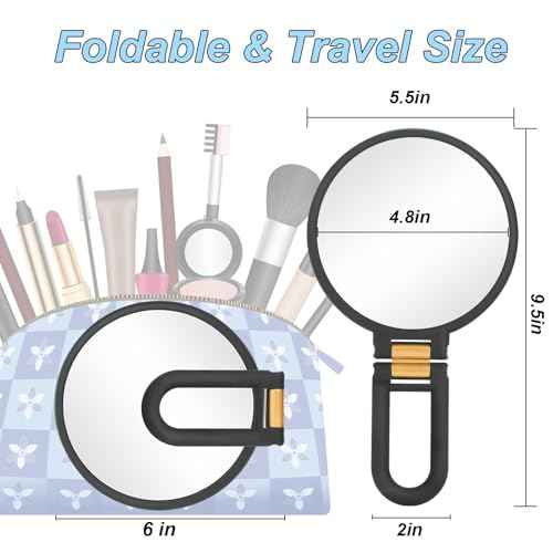1x 20x Magnifying Travel Mirror, Hand Mirror with Handle - Double Side Hand Held Mirror with 1x 20x Magnification & Foldable Handle, Portable Travel Makeup Hand Mirror for Women (Black)