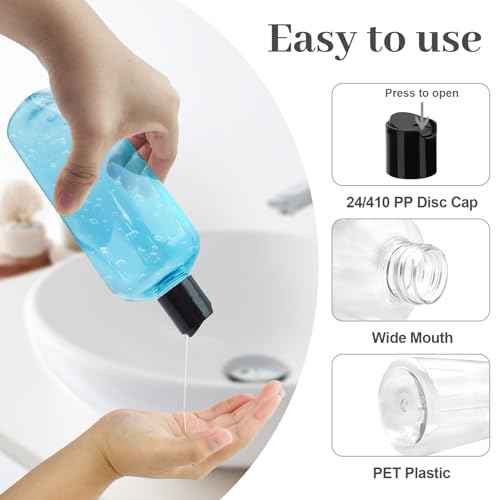 16 oz BPA Free Plastic Suqeeze Bottles with Black Disc Caps Refillable Travel Containers for Toiletries Shampoo conditioner Lotions Liquid Soap Shower Gel (2Pack, Clear)