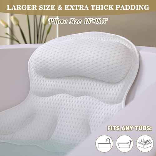 Bath Pillow Luxury Bathtub Pillow, Extra Soft & Comfortable Bath Pillows for Tub Head Neck and Back Support, with 4D Air Mesh Cushions & Non-Slip Suction Cups - Bath Accessories Spa Gifts for Women