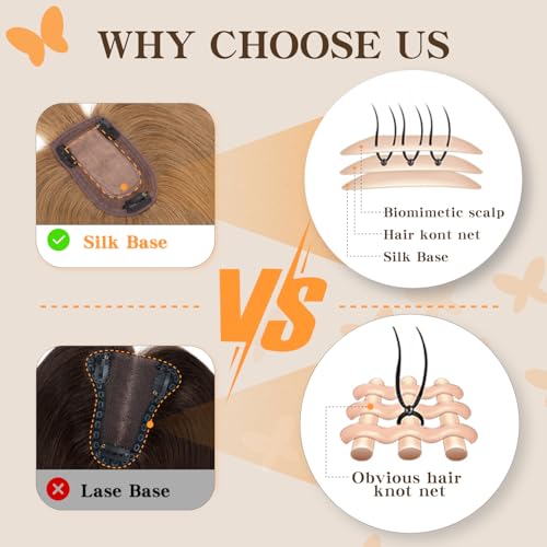 Human Hair Toppers for Women, 150% Density Hair Topper with Bang, No Tangle & Smooth, Upgrade 7x13cm Silk Base, 12 Inch #06 Light Brown